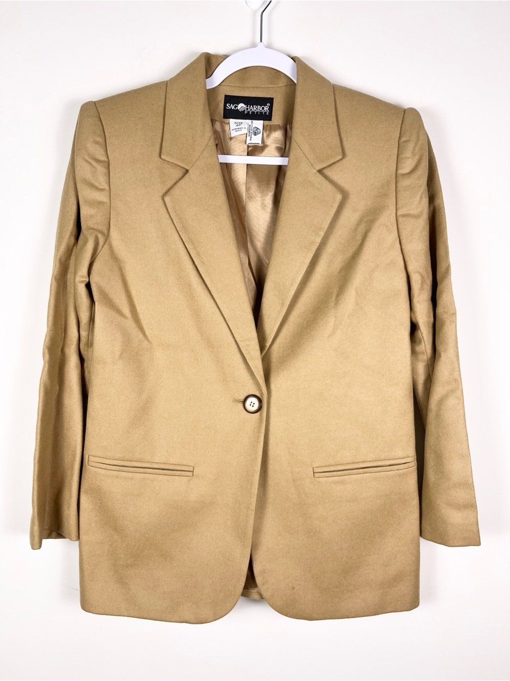 Vintage Sag Harbor Women's Single-Button Blazer Size 4P 100% Wool Old Money Tan